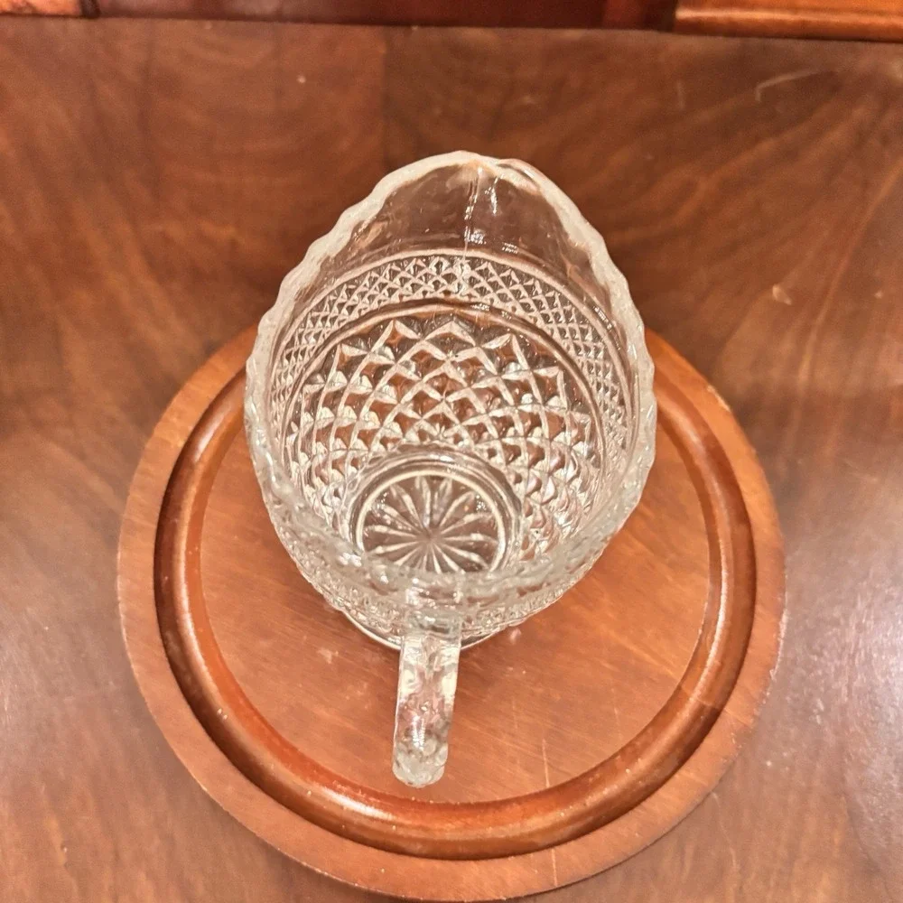 Vintage Clear Pressed Glass Creamer Diamond Pattern Footed Pitcher Scalloped Rim